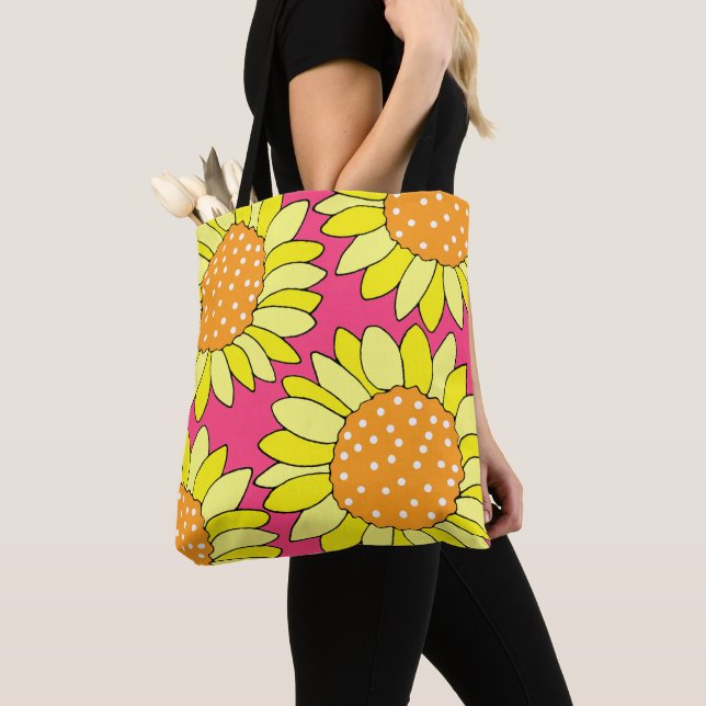 Vierhandgezogene gelborange Rosa Sonnenblumen Tasche (Von Nahem)