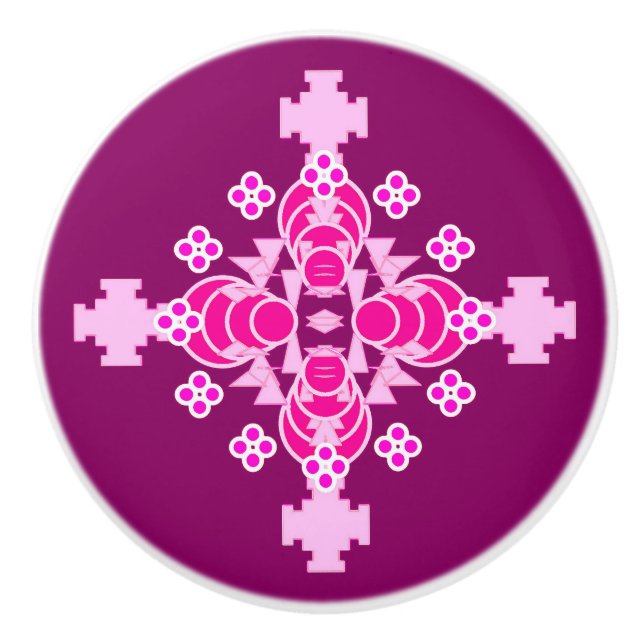 Vierpunkt Mandala Muster - hellrosa und pflaumenfa Keramikknauf (Vorderseite)