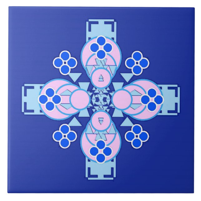Vierpunkt Mandala - Orchideen, Blau und Kobalt Fliese (Vorderseite)