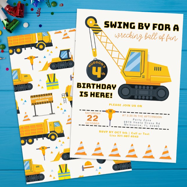 Vierte Geburtstagskrane Einladung (Construction Vehicles Birthday Party Invite)