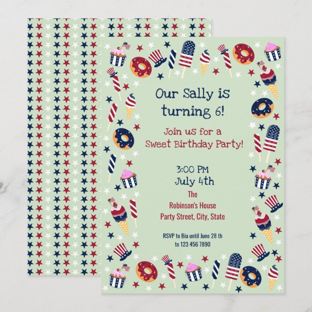 Vierte Sweet Birthday Girl Party Einladung Juli (Vorne/Hinten)