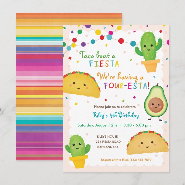 Vierte Taco-Einladung zum Vierten Geburtstag - Vie Einladung (Vorne/Hinten)
