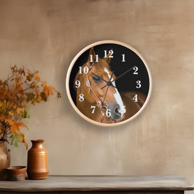 Viertelpferd Foto Braun weiß nummeriert Uhr (Quarter-horse round wall clock)