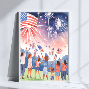 Vierter Juli Feuerwerk   Aquarell USA-Flagge Poster
