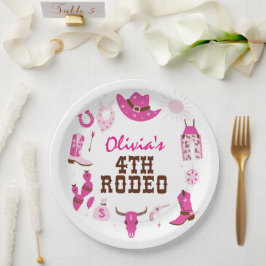 Vierter Rodeo Pink Western Cowboy 4. Geburtstag Pappteller