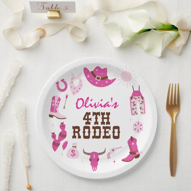 Vierter Rodeo Pink Western Cowboy 4. Geburtstag Pappteller (Hochzeit)