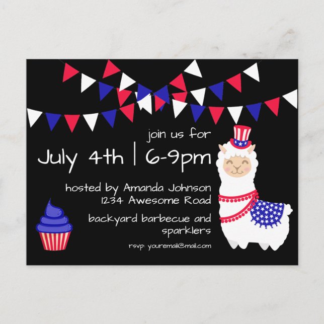 Viertes Llama-Party im Juli Postkarte (Vorderseite)