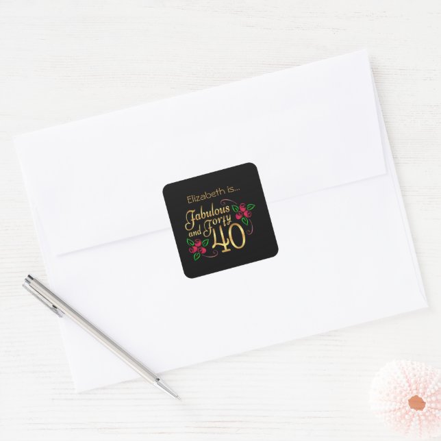 Vierzig fabelhafte Gold Black Rote Rosen Geburtsta Quadratischer Aufkleber (Umschlag)