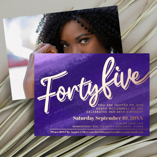 vierzig fünfundvierzig Geburtstag lila Rose Gold F Folieneinladung