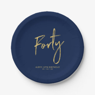 Vierzig   Gold- und Navy-Blau-Schriftzug 40. Gebur Pappteller