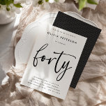 vierzig | Moderne B&W 40. Geburtstag Party Typogra Einladung<br><div class="desc">Diese schlichten, eleganten, aber raffinierten Party Einladungen aus dem 40. Jahrhundert bestechen durch das Wort "vierzig" in handgeschriebener Kalligraphie-Schrift und eine zeitgemäße, moderne Sans-Serif-Typografie. Sie können das Farbschema ganz einfach auf Ihre eigene, maßgeschneiderte Zweifarbenpalette umstellen, indem Sie die Schaltfläche "Bearbeiten mit dem Design-Tool" benutzen oder mit dem klassischen, minimalistischen Schwarz-Weiß-Stil...</div>