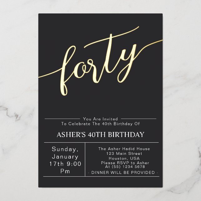 vierzig | Modernes Black & Gold Script 40. Geburts Folieneinladung (Vorderseite)