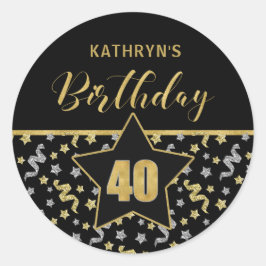 Vierzigste Birthday Black and Gold Confetti Runder Aufkleber