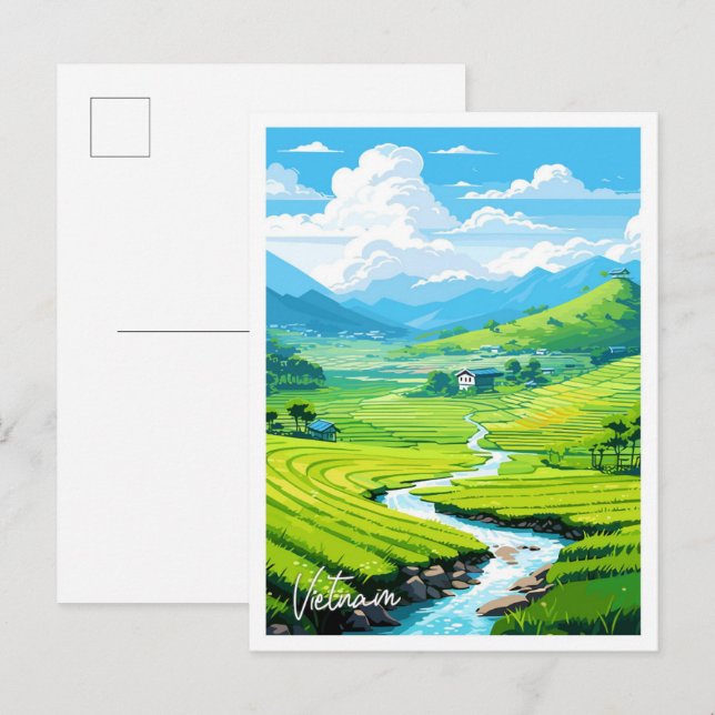 Vietnam Art Travel Vintage Illustration Postkarte (Vorne/Hinten)