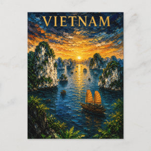 Vietnam: Golden Sunset Halong Bay Art Souvenir Postkarte