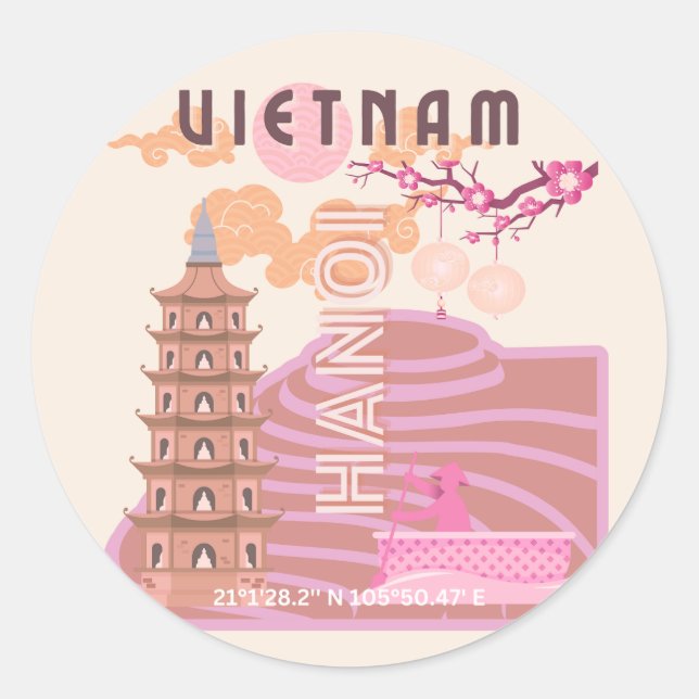 Vietnam Reisen Kunst, Retro Runder Aufkleber (Vorderseite)