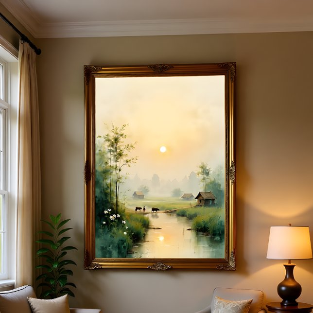 Vietnamese Morning Mist Village Watercolor Art Leinwanddruck (Von Creator hochgeladen)