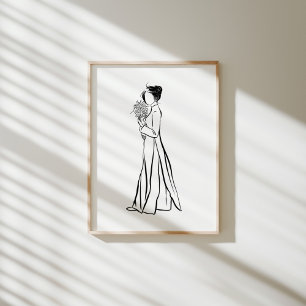 Vietnamesisch Ao Dai Frau mit Blume Bouquet Ink Poster