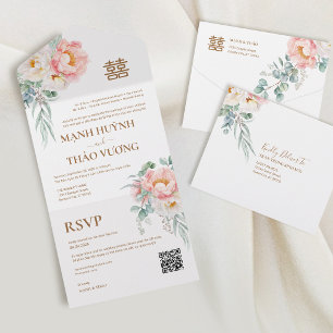 Vietnamesische zweisprachige Pfingstrosen-Hochzeit All In One Einladung