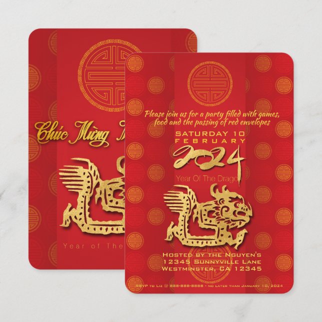 Vietnamesischer New Year Dragon 2024 Party Inv Karte (Vorne/Hinten)