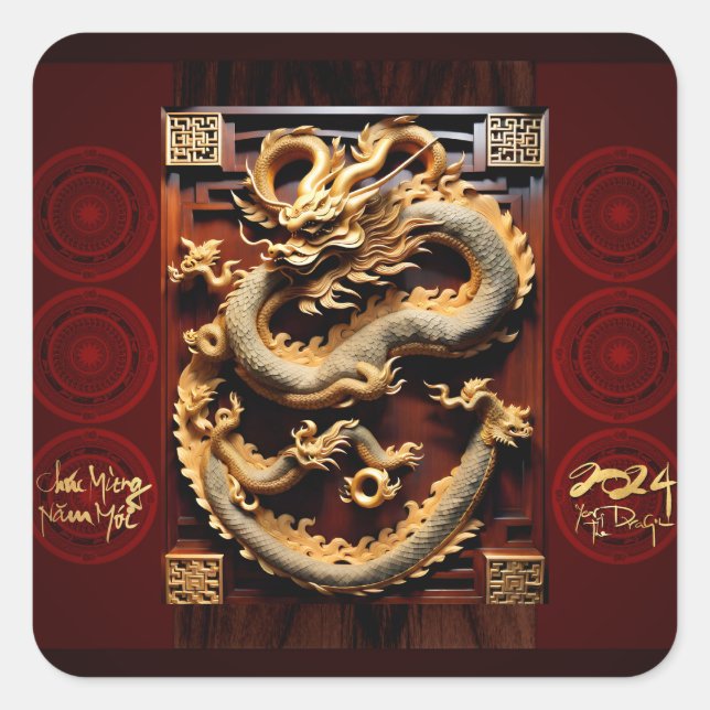 Vietnamesischer Trommler Têt Dragon New Year Scupt Quadratischer Aufkleber (Vorderseite)