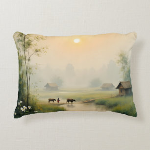 Vietnamesisches Morgennebel-Dorf Wasserfarbenkunst Dekokissen