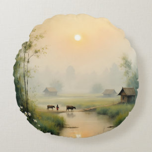 Vietnamesisches Morgennebel-Dorf Wasserfarbenkunst Rundes Kissen