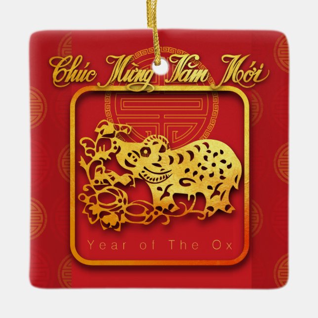 Vietnamesisches Neujahrsfest OX in Papierform Keramikornament (Vorderseite)