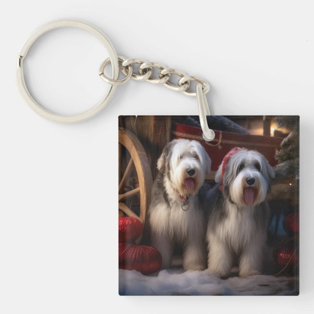 Vieux anglais Cheepdog Snowy Sleigh Décor de Noël (Devant)