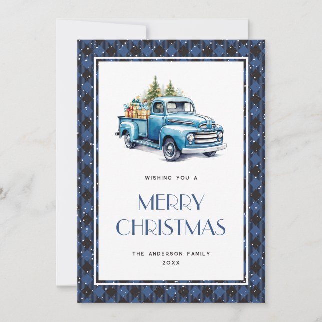 Vieux Camion Bleu Plaid Snowy Joyeux Carte de Noël (Devant)