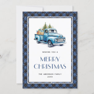 Vieux Camion Bleu Plaid Snowy Joyeux Carte de Noël