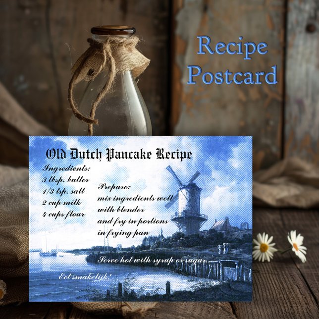 Vieux Pancake Recette Carte Néerlandaise (Postcard in blue antique Dutch tile style (based on a Ruysdael painting) with a pancake recipe)