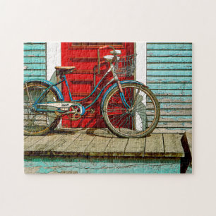 Vieux puzzle photo à vélo avec boîte cadeau