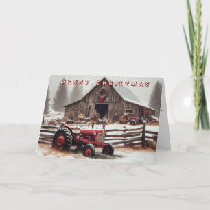 Vieux tracteur et Grange carte de Noël