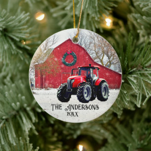 Vieux tracteur rouge ornement en céramique de Noël