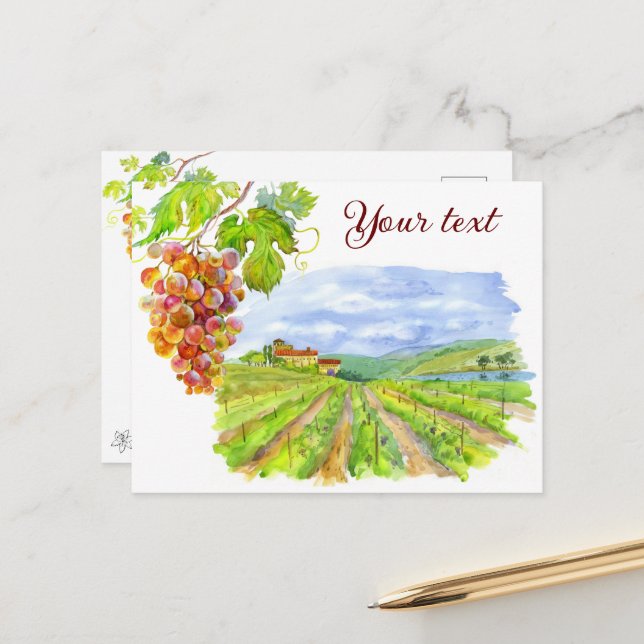 Vignoble ensoleillé. Carte postale Watercolor Art (Devant/Arrière en situation)