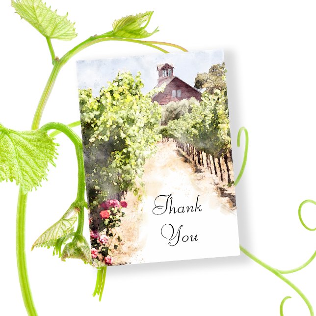 Vignoble et Mariage d'aquarelle rouge Merci (Say thanks after your winery wedding or shower with the Vineyard and Red Barn Thank You Note Card.)