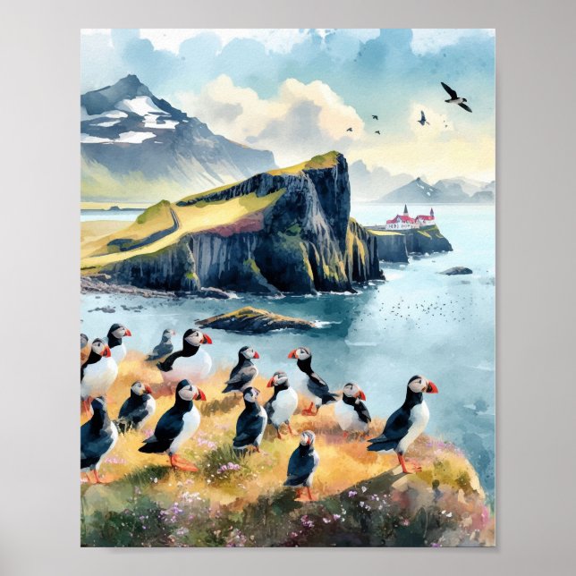 Vik Island Puffins Wasserfarbe Poster (Vorne)
