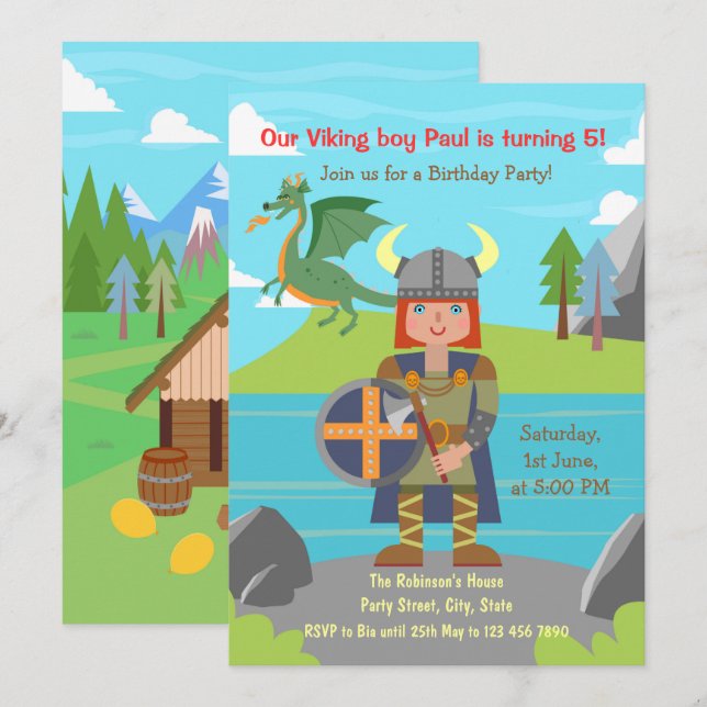 Viking Boy Krieger und Dragon Birthday Party Einladung (Vorne/Hinten)