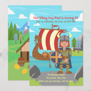 Viking Boy posiert vor dem Viking Schiff Party Einladung