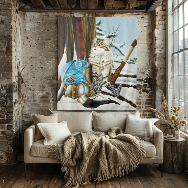 Viking Cat Blue Dragon Wandteppich (Von Creator hochgeladen)