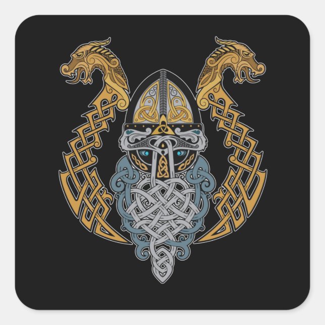 Viking Dragon Valknut Helmet Valhalla God Odin Quadratischer Aufkleber (Vorderseite)