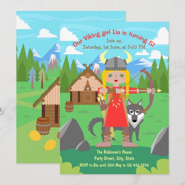 Viking Girl mit Bogen und Wolf Begleiter Geburtsta Einladung (Vorne/Hinten)