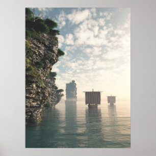 Viking Longships in unbekanntem Wasser Poster