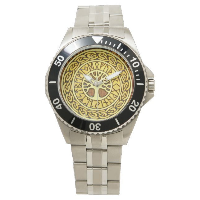 Viking Runes mit Baumstämmen aus rostfreiem Stahl  Armbanduhr (Vorderseite)