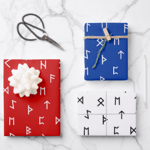 Viking Runes-Muster auf rotem, blauem, weißem Hint Geschenkpapier Set