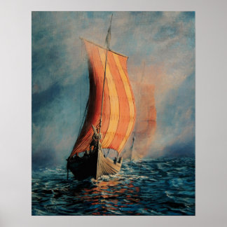 Viking ship sailing on Sea/Ocean in fog, long boat Poster