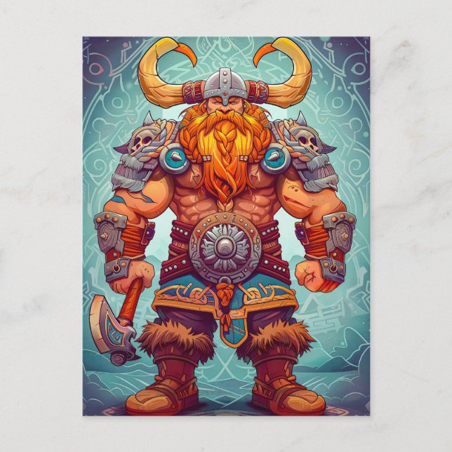 Viking Warrior mit Ax Norse Mythology Comic Postkarte (Vorderseite)