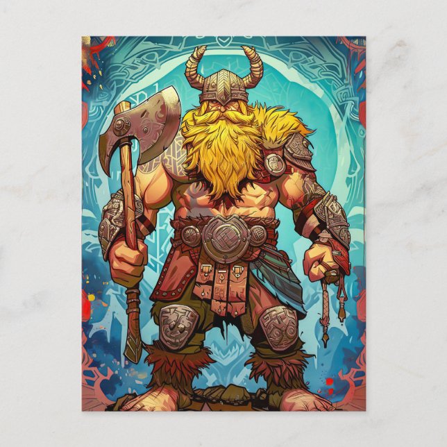 Viking Warrior mit Ax Norse Mythology Comic Postkarte (Vorderseite)