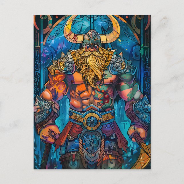 Viking Warrior mit Ax Norse Mythology Comic Postkarte (Vorderseite)
